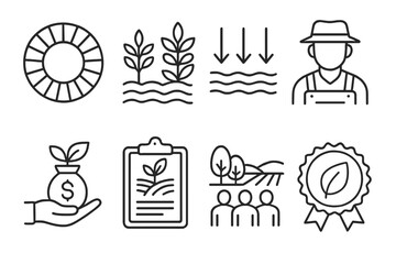 Sustainable Agriculture Icons. Line style icons of agricultural sustainability goals: UN goal icon, crop diversity, soil