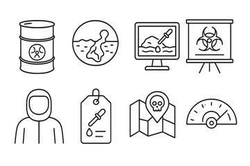 Ecological Disaster Icons. Line style icons of ecological disasters and response: toxic waste barrel icon, ground contamination