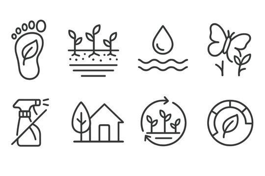 Eco Indicator Icons. Line style icons of eco indicators: carbon footprint, soil health, water use icon, biodiversity icon.