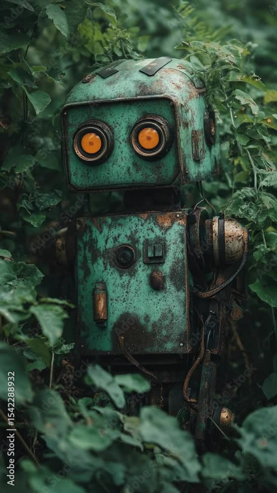 Poster a green robot sitting in the middle of a forest