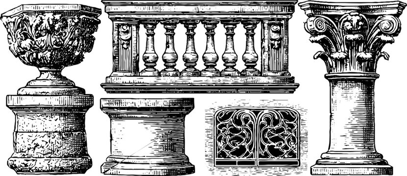 Architectural elements featuring roman insula balcony and gothic buttress design