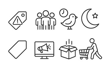 Black Friday Icons. Line style icons of Black Friday: sale alert, shopping crowd, early bird, midnight sale. black tag, promo