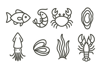 Seafood Line Icons. Line style icons of seafood: fish, shrimp, crab, oyster. squid, mussels, seaweed, lobster. No text, No labels,
