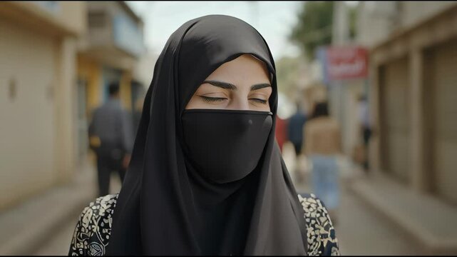 Woman in a public place street of a iran country and hiding her face with burkha,