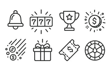 Jackpot Icons Collection. Line style icons of jackpot and rewards: jackpot bell, winning animation, prize icon, coin explosion.