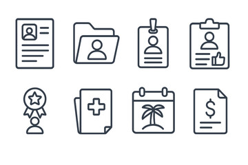 HR Line Style Icons. Line style icons of HR and staff: job resume, onboarding file, employee ID, feedback form. promotion award,