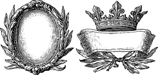 Ornate edwardian and laurel scalloped oval frames for vintage design and decoration