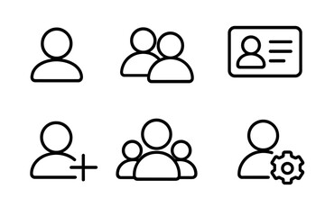 Profile Icons Collection. Line style icons of user profiles: user avatar, user group, profile card, user settings. single user,