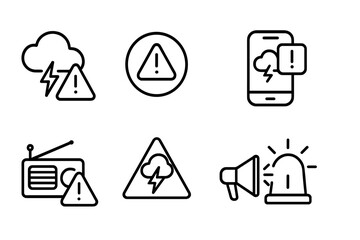 Weather Alert Icons. Line style icons of weather alerts: weather warning, red alert icon, caution sign, weather app notification.
