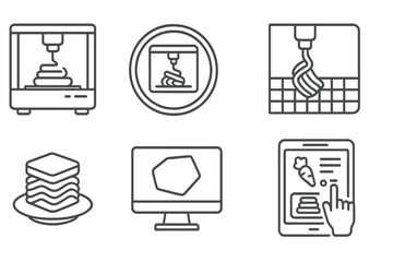 Futuristic Food Icons. Line style icons of future food and nutrition: 3D printed food icon, food printer badge, pasta nozzle chart