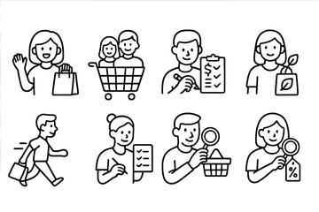 Line Style Shopping Icons. Line style icons of shopping lifestyle: happy shopper, family cart, budget planning, eco buyer. quick