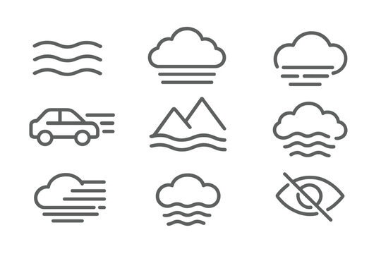 Foggy Line Icons. Line style icons of fog and haze: fog layer, mist symbol, visibility icon, haze cloud. low visibility car,