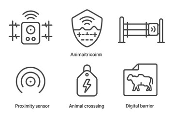 Digital Agriculture Icons. Line style icons of digital agriculture and agrotech: smart fence controller, boundary alert badge,