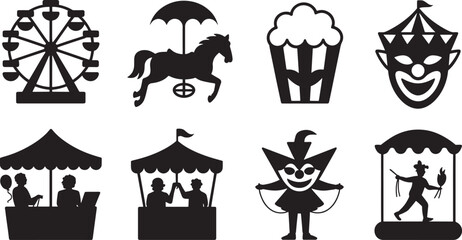 Eight Black Silhouette Carnival Icons Ferris Wheel Carousel Popcorn Clown Booths white