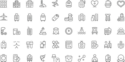 Hotel and Travel Icons: Minimalist Line Art Set for Accommodation, Transportation, and Hospitality Services