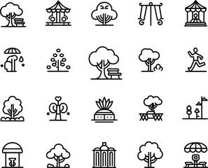 Nature and Outdoor Activity Icons: Minimalist Line Art Set for Parks, Gardens, and Recreation Spaces
