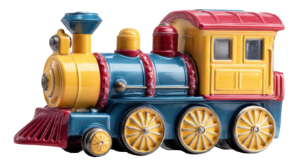 Colorful Vintage Toy Train Locomotive Model Detailed Closeup Studio Shot against transparent background Perfect for Children's Books or Retro Transportation Designs