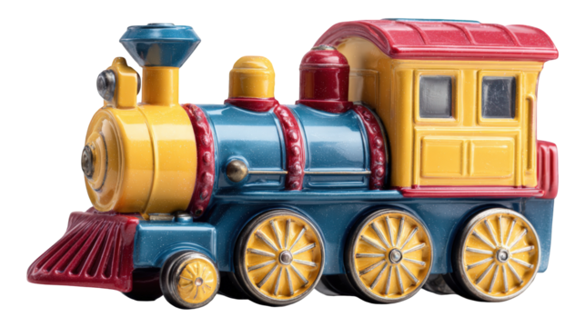 Colorful Vintage Toy Train Locomotive Model Detailed Closeup Studio Shot against transparent background Perfect for Children's Books or Retro Transportation Designs