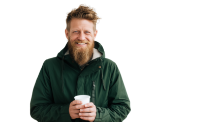 Happy bearded man in a green windbreaker enjoying morning outdoor. Cheerful male tourist smiling at camera with a drink in hand. Adventure, travel, and lifestyle concept.