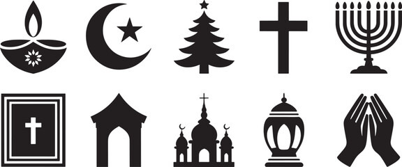 Ten Black Silhouette Icons of Religious Symbols on White Background including Christian Cross Christmas Tree