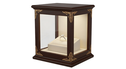 Elegant diamond ring displayed in a lit jewelry showcase with decorative gold PNG file isolated on transparent background cut out, clipping path, social media, Advertisement, high quality, HD photo.