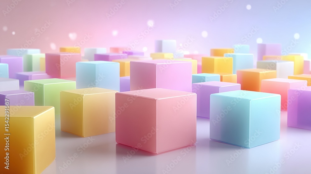 Poster Bright pastel blocks of various sizes and colors scatter across a smooth surface, creating a cheerful and imaginative environment with a gentle gradient backdrop.