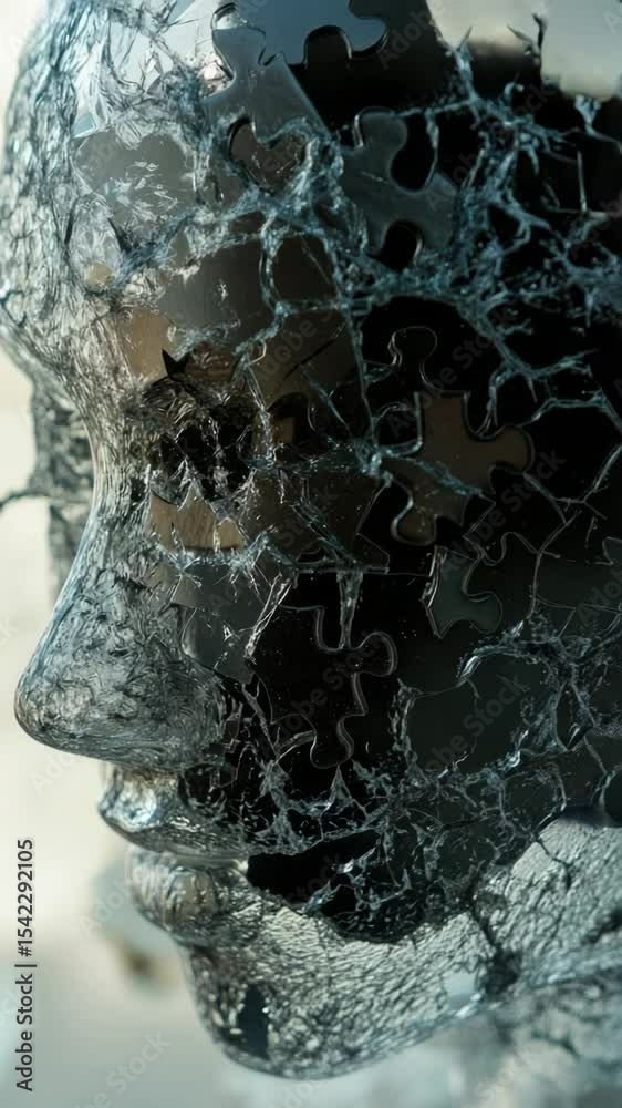 Poster A close-up shot of a broken glass container filled with puzzle pieces, great for illustrating creative or problem-solving themes