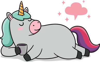 Adorable Lazy Unicorn Lying Down and Drinking Coffee, Perfect for Relaxing, Magical, and Whimsical Designs