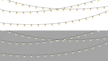 Shiny garland outlines New Year banner. Circle of light forms magical border. Soft yellow bulbs hang on thread. Twilight glow fills joyful evening sky. 