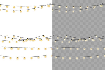 Shiny garland outlines New Year banner. Circle of light forms magical border. Soft yellow bulbs hang on thread. Twilight glow fills joyful evening sky. 