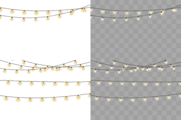 Shiny garland outlines New Year banner. Circle of light forms magical border. Soft yellow bulbs hang on thread. Twilight glow fills joyful evening sky. 
