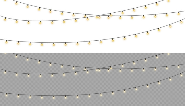 Shiny garland outlines New Year banner. Circle of light forms magical border. Soft yellow bulbs hang on thread. Twilight glow fills joyful evening sky. 