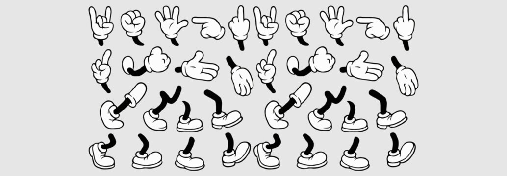 Retro cartoon legs and hands, Hands with gloves and feet with boots, various poses for characters, a set of poses, gestures, placement of hands and feet. Mascot character set. Cartoon set of limbs.eps