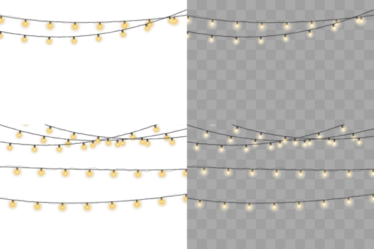 Shiny garland outlines New Year banner. Circle of light forms magical border. Soft yellow bulbs hang on thread. Twilight glow fills joyful evening sky. 