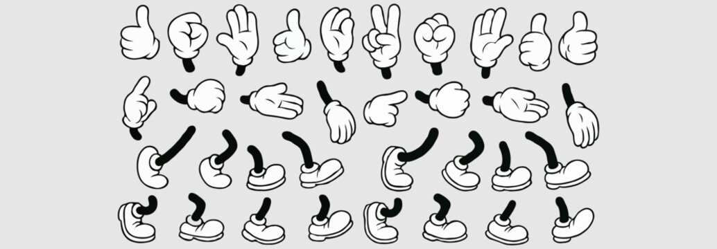 Retro cartoon legs and hands, Hands with gloves and feet with boots, various poses for characters, a set of poses, gestures, placement of hands and feet. Mascot character set. Cartoon set of limbs.eps