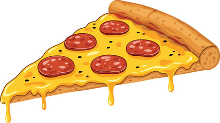 Delicious Pizza Slice with Melted Cheese and Pepperoni, Cartoon Illustration of a Classic Italian Food Favorite with Dripping Cheese
