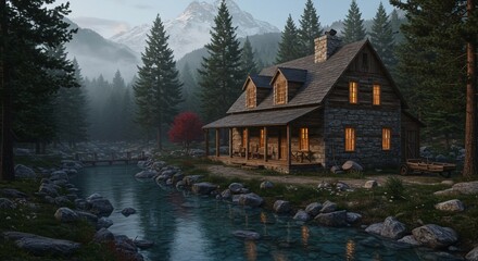 Obraz premium Cabin by a clear mountain stream