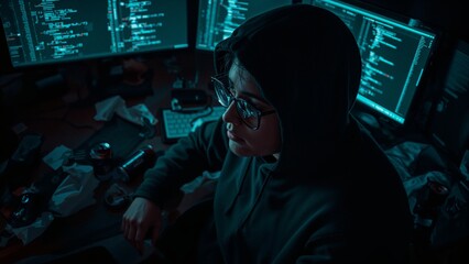 Computer hacker is working with code, hacking cyber security background