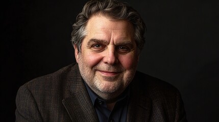 Obraz premium Close Up Portrait Of A Smiling Mature Man With Curly Hair And Beard Against Dark Background
