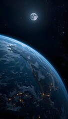 Obraz premium Earth At Night, A Peaceful View From Outer Space Shows Continents And Oceans Illuminated By A Gentle Moonlight. The Soft Glow Reveals Our Planet's Beauty. A Serene Cosmic Perspective.