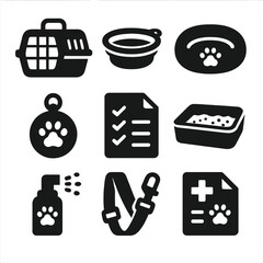 Pet Travel Essentials. Solid style icons of pet travel: travel crate, travel water bowl, travel bed, pet ID tag, travel checklist,