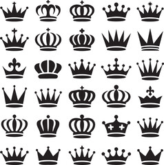 Collection of various black crown silhouettes for royal, king, and queen royalty symbols