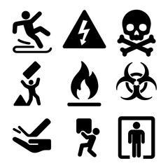 Workplace Hazard Icons. Solid style icons of workplace hazard signs: slippery floor sign, high voltage warning, toxic symbol,