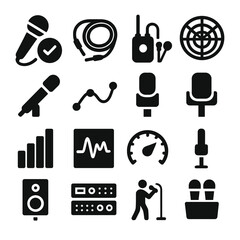 Live Sound Icons. Solid style icons of live sound: microphone check icon, stage cabling icon, lav mic set, cardioid polar pattern,