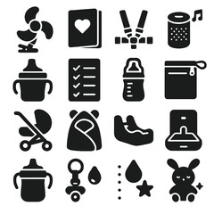 Parenting Essentials Icons. Solid style icons of parenting essentials: clip-on fan for stroller, baby health journal, toddler