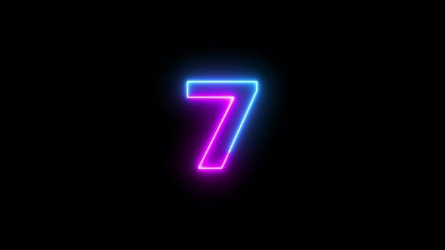 Abstract glowing neon number "7'' animation. Blue and purple neon futuristic effect. Trendy glow lighting