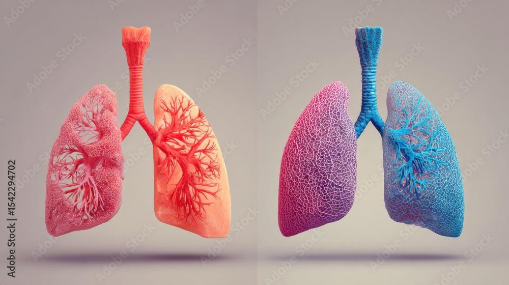 Aufkleber Comparison of Healthy and Damaged Lung Anatomy Showing Differences in Structure and Function for Educational Purposes