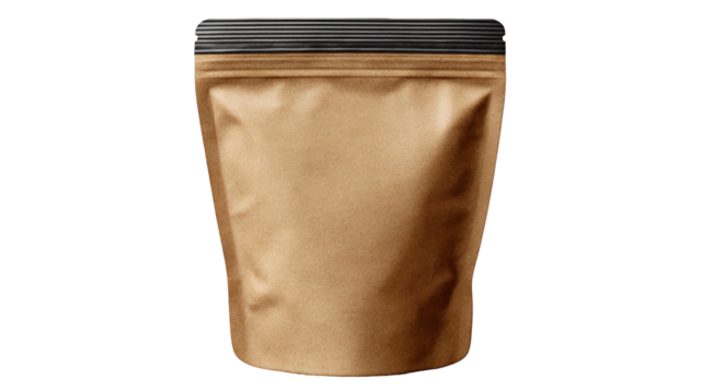 A stand up pouch mockup with a kraft paper texture ideal for branding and packaging design projects needing a realistic brown bag illustration for coffee tea food or snacks, transparent background
