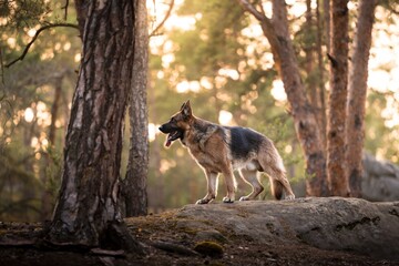 German Shepherd in the forest and playing in the water