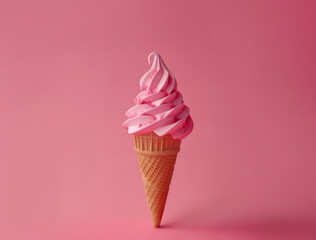 Minimalist strawberry soft serve cone on pink background